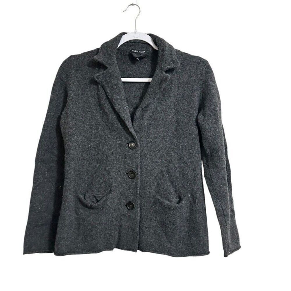 Eileen Fisher 100% Wool Button Cardigan Women's XS Grey Preppy Pockets Business